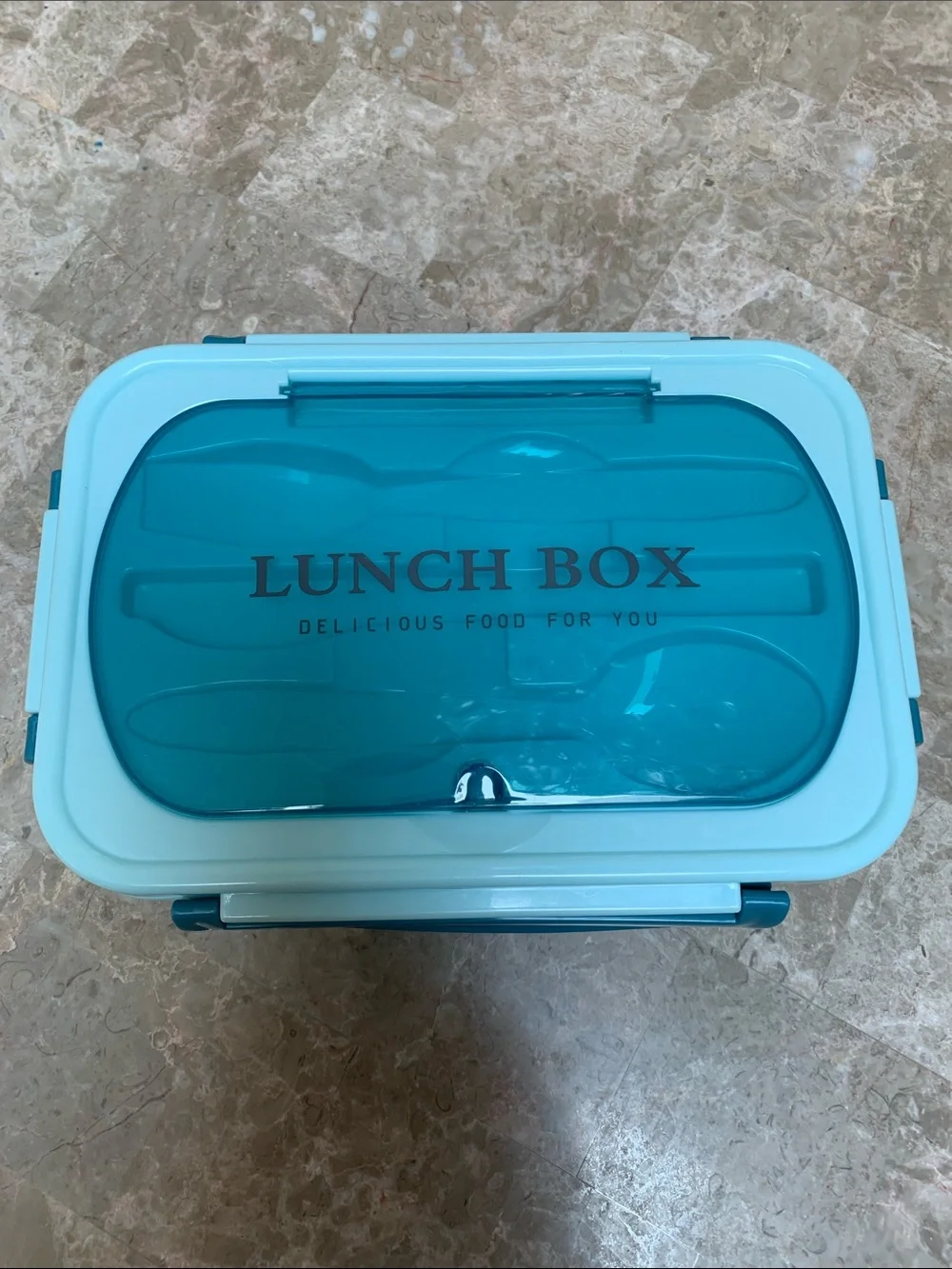 Cute Aqua Blue Lunch Box. NOT included tableware. Pre-Owned. Standard size.